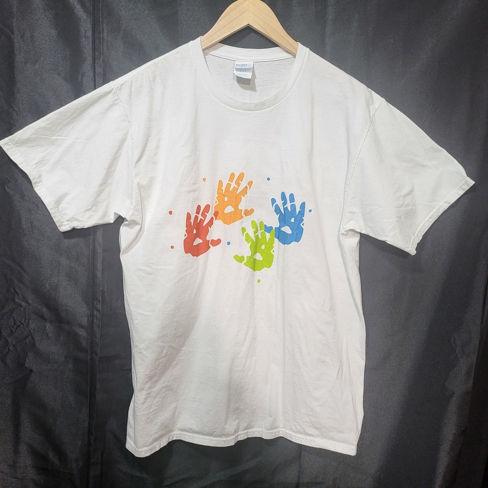 Port & Company Mens White Handprint Graphic T-Shirt Large Ring Spun Cotton‎ Tee